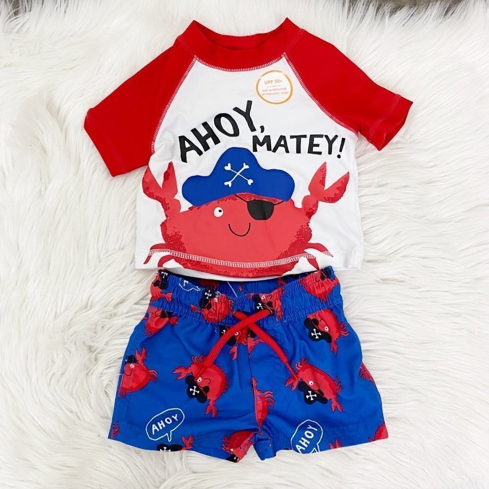 Carter’s Infant Baby 3 Months Pirate Crab Ahoy Matey Rashguard Swim Trunk Set